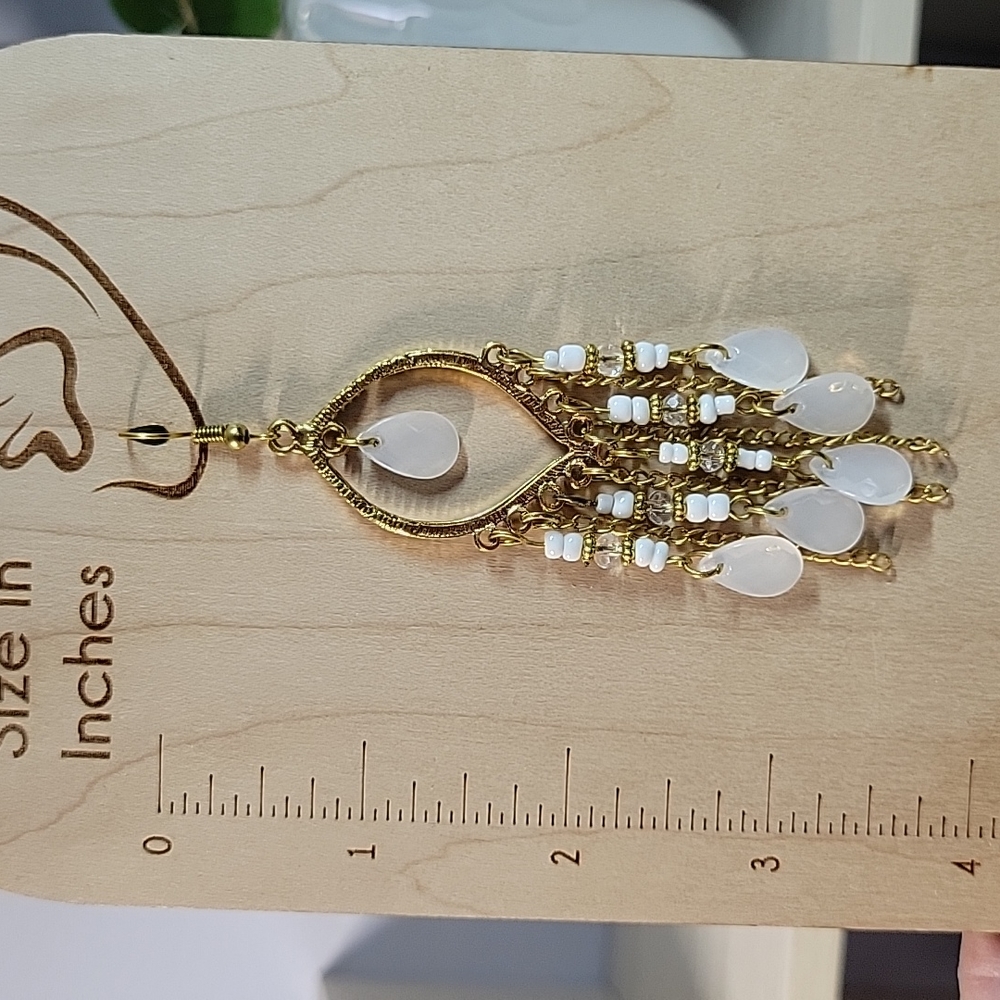 White Beaded Boho Dangle Earrings - Picture 3 of 6